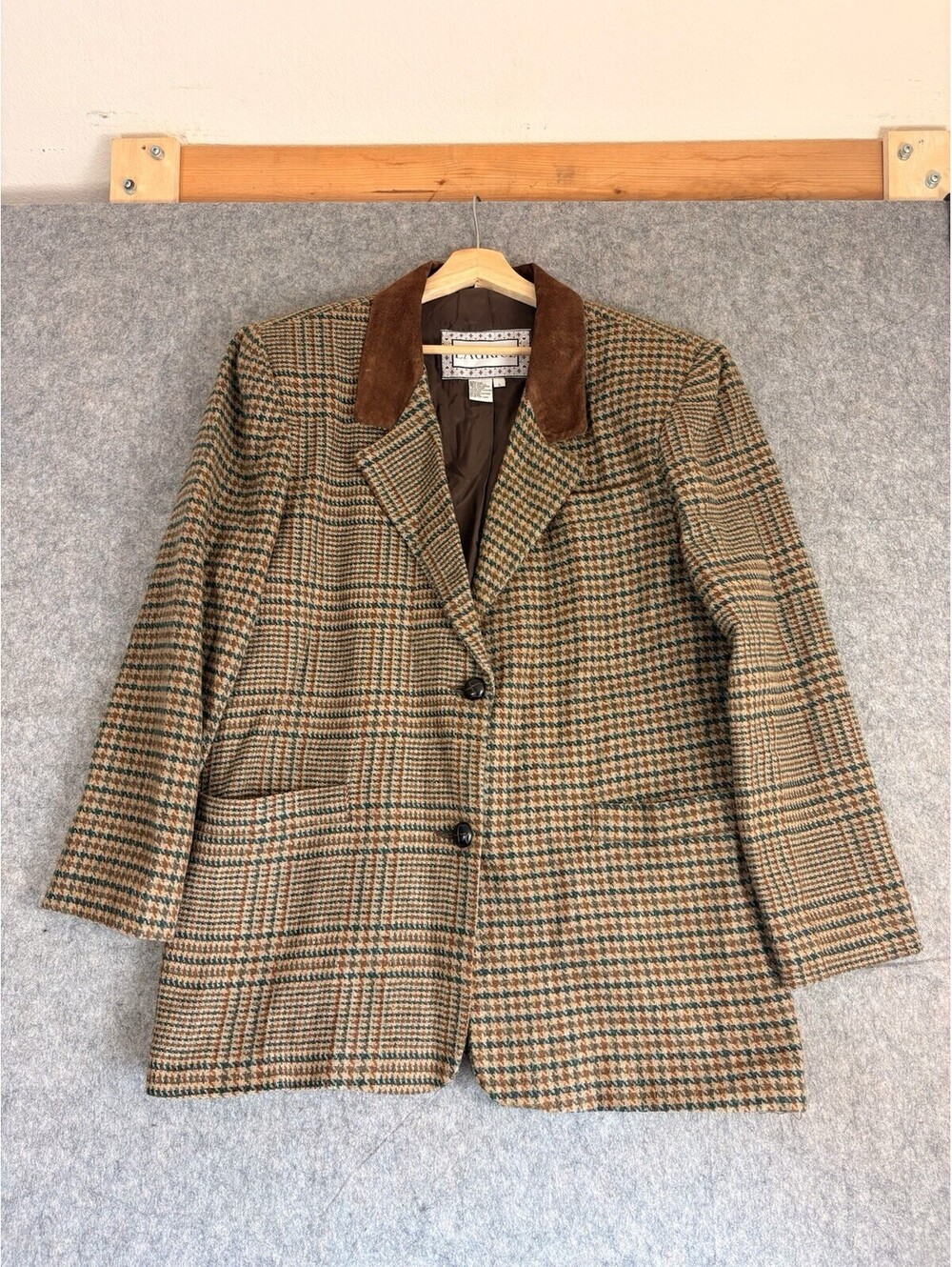 Vintage Laurice Blazer Tweed Wool With Leather Trim Unisex Padded Shoulder Large